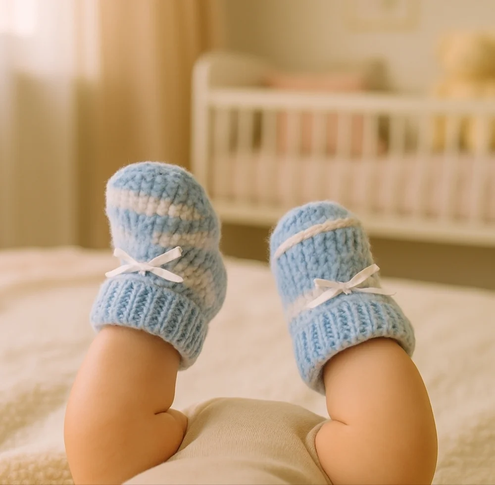 Hand Crafted Crochet Baby Shoes Baby Blue and white Tread & Handmade Bow Ribbon